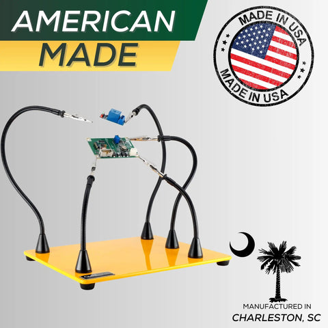 Deluxe Soldering Station With Five Magnetic Arms, Locking Grips, Steel Base; features circuit board held by clamps, USA made.