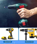 Front view of green cordless drill with diamond drill bit in the chuck and a battery pack