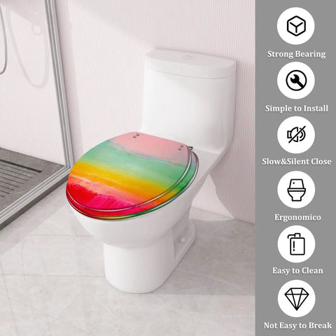 Round Resin Toilet Seat for Bathroom in vibrant colors on white toilet, measures 14.5" x 16.5", suitable for most toilets.