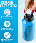 Water Bottle Cleaner Tablets 36 Pack No Chlorine Odor Control Formula shown with a hand dropping tablet into a blue bottle