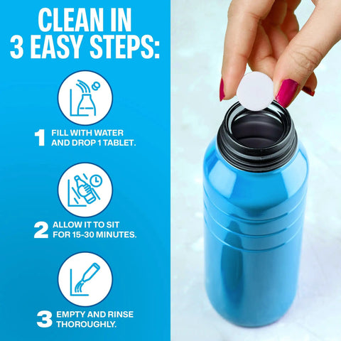 Water Bottle Cleaner Tablets 36 Pack No Chlorine Odor Control Formula shown with a hand dropping tablet into a blue bottle