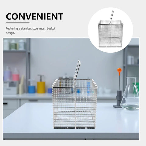 Ultrasonic Cleaning Basket For Industrial Use With Stainless Steel Handle 9x5.9 Inch Fine Mesh Parts Washer Basket Open Mesh Design For Jewelry And Tools Built Tough For Shop And Lab, stainless steel mesh basket on lab bench