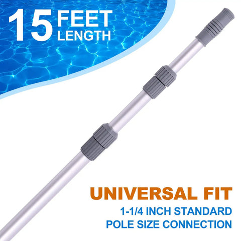 15 Foot Telescoping Pool Pole for Skimmer Net, Brush, and Vacuum Head - Adjustable Aluminum Cleaning Pole close-up with universal fit