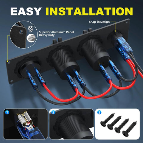 4 In 1 12V USB Panel With LED Voltmeter, Dual USB Charger Socket, Cigarette Lighter Socket, And Red LED Lighted Toggle Switch For Boat, Car, RV, Golf Cart, And ATV Power Hub For All Your Onboard Electronics And Lighting Needs, aluminum snap-in panel