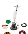 Commercial Grade 13 Inch Floor Buffer And Polisher Machine With Random Orbit Design, accessories and pads displayed.