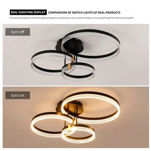 Modern LED Ceiling Light With Remote Control, Dimmable Acrylic Ring Chandelier shown turned on and off in living room.