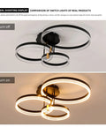 Three Ring Modern Ceiling Light Fixture In Dope Gold Finish 56W Dimmable LED Acrylic Chandelier Lighting Close To Ceiling lit and unlit view