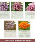 Five seed packets featuring Native Milkweed Variety Pack For Monarch Gardens With Five Essential Species Including Common, Showy, Pink Swamp, Narrowleaf, And Orange Butterfly Milkweed Seeds Non GMO Wildflower Mix For Pollinators.