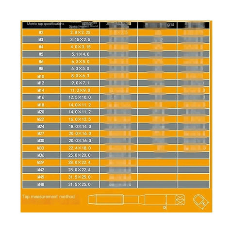 Versatile Vertical Electric Tapping Machine tap size chart for M2 to M48 details, showing dimensions and specifications