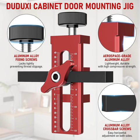 2-In-1 Cabinet Door Mounting Jig With Quick Edge Positioner Drilling And Installation Fixation Adjustable Installation Positioner Pro-Grade Aluminum Alloy Positioning Tool With Dual Mounting Adapters For Fast Precise Cabinet Door Setup, showing features and components.