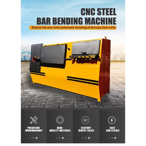 Badass CNC Rebar Stirrup Bender Designed To Crush Heavy Steel Workloads With Top Shelf Precision And Zero Headaches For Contractors Who Need A Relentless Workhorse On The Job Site Now; CNC bar bending machine with yellow and black design.