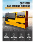 Heavy Duty Cnc Rebar Bending Machine For Quick Steel Loop Cutting And Dead Simple Stirrup Wrapping With Rock Solid Structure And No Hassle Daily Work. Yellow CNC machine with control panels, designed for rebar bending.