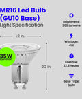 MR16 GU10 LED Bulbs 50W Equivalent Dimmable Warm White 3000K Spotlight Track Lighting specifications with dimensions