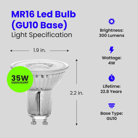 MR16 GU10 LED Bulbs 50W Equivalent Dimmable Warm White 3000K Spotlight Track Lighting specifications with dimensions