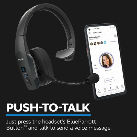 Mono Bluetooth Trucker Headset With Mic 96 Percent Noise Canceling All Day Comfort Padded Headband next to a smartphone screen