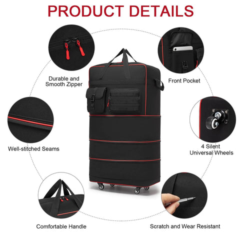 Black tactical foldable travel luggage bag with wheels and handle; front view showing front pocket.
