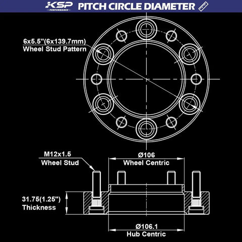 Technical diagram showing 1.25 Inch Tacoma Wheel Spacers Hubcentric Aluminum With M12x1.5 Studs 6x139.7 measurements and design