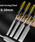 Pro Grade Wood Carving Chisel Set With CRV Steel Gouges, 7pc Hand Tool Kit, chisels with yellow handles on black background.