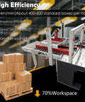 Top Shelf Automatic Carton Sealer And Strapping Machine Combo with stacked boxes and conveyor, showcasing high efficiency and compact design.