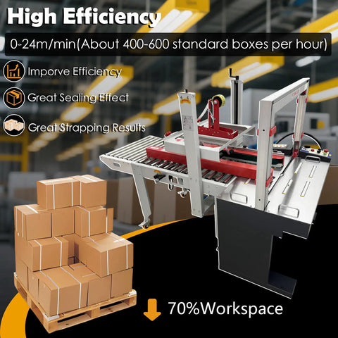 Top Shelf Automatic Carton Sealer And Strapping Machine Combo with stacked boxes and conveyor, showcasing high efficiency and compact design.