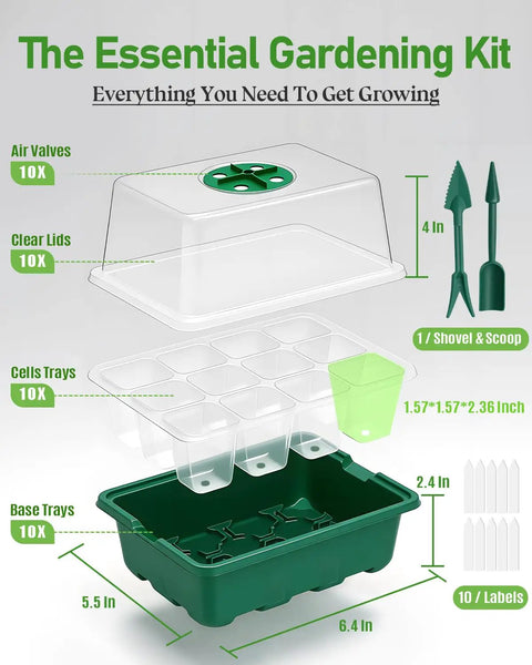 Exploded view of Ten Pack Seed Starter Tray Set With Extra Tall Humidity Dome 120 Cells Total Thickened Seed Starting Kit