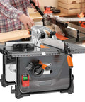 Heavy Duty Bench Mounted Circular Saw Featuring Knockout Precision Crosscut Gauge Side Extension And Smart Dust Pickup with a wood plank being cut.