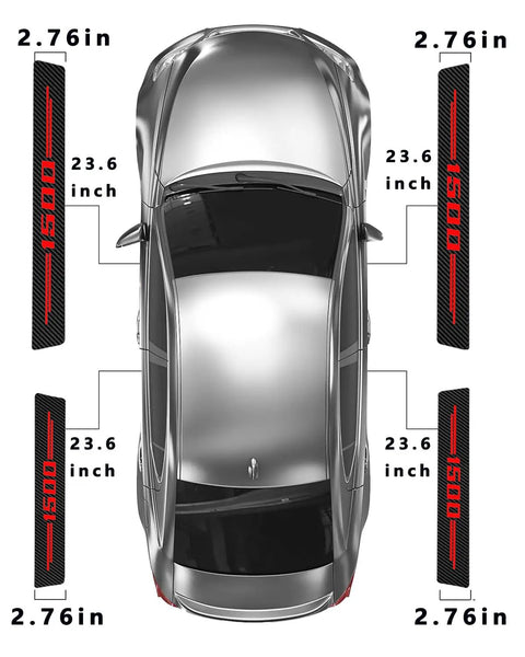 Top view of RAM 1500 Door Sill Guards Set With Carbon Fiber Leather Protectors Red For Dodge RAM 1500 showing dimensions.