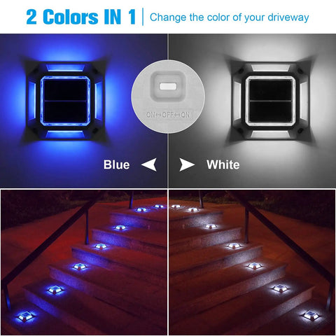 Solar Driveway Lights Eight Pack Two Color Switchable White Blue Solar Powered 1200mAh Battery Waterproof Outdoor Step Lights For Driveway Deck Porch Sidewalk Dock