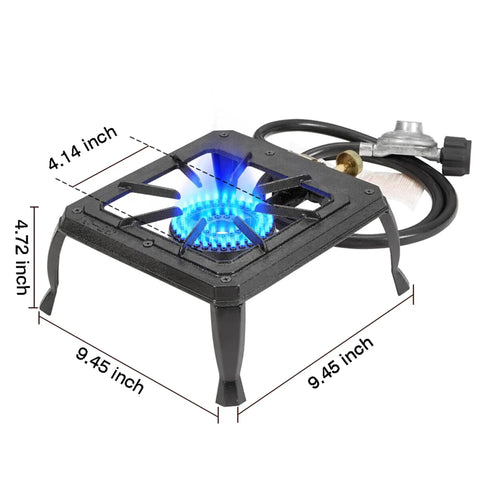Single Burner Cast Iron Camping Stove With Adjustable Flame Portable Backpacking Friendly Outdoor Cooking Stove Including CSA Listed Regulator And Gas Hose