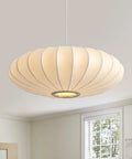 Upgrade Your Space with This Epic 20 Inch White Bubble Saucer Lantern Pendant Light Featuring Imitation Silk Shade and Sturdy Metal Frame for Modern Farmhouse Living Room Bedroom Decor Vibe Check Passed, hanging in a bright room.