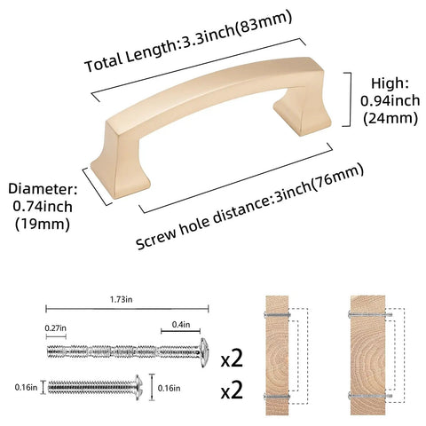 Image showing Champagne Bronze Cabinet Handles 2 Pack 3 Inch 76mm Gold Kitchen Cabinet Pulls with detailed measurements and screws.