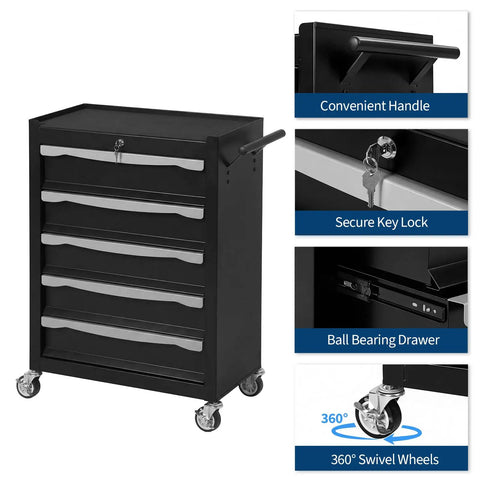 5 Drawer Rolling Tool Chest With Lock Built To Last Beast Tough Heavy Duty Steel Toolbox with key lock and swivel wheels