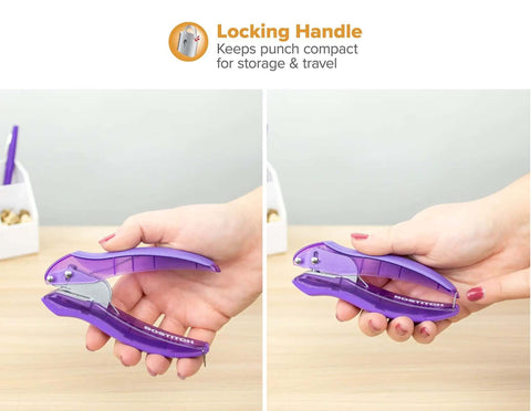 Purple EZ Squeeze Reduced Effort One Hole Punch with no jam technology and ergonomic grip shown in hand on wooden desk