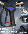 Compact Pressure Washer Gun With 3 Eighths Inch Smooth Swivel And 1 Quarter Inch Quick Connect, durable brass and stainless steel composition shown.