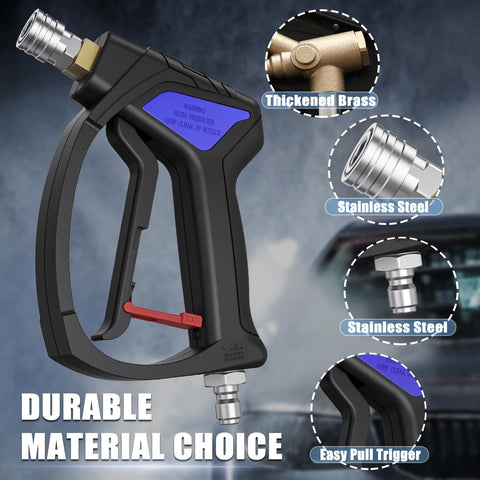 Compact Pressure Washer Gun With 3 Eighths Inch Smooth Swivel And 1 Quarter Inch Quick Connect, durable brass and stainless steel composition shown.