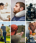 Collage of people using Soft Sleep Ear Plugs With Aluminum Case 120 Count High Noise Cancelling Earplugs for various activities.
