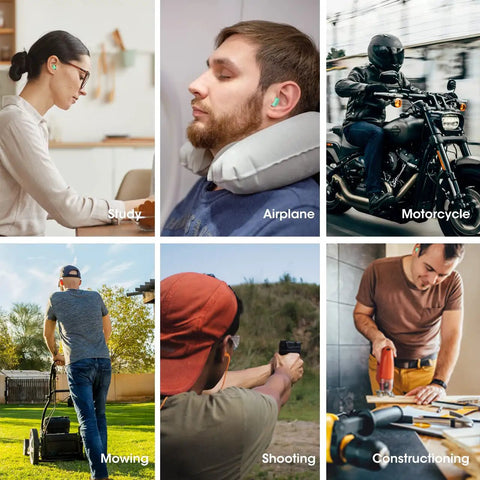 Collage of people using Soft Sleep Ear Plugs With Aluminum Case 120 Count High Noise Cancelling Earplugs for various activities.