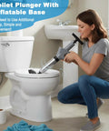Real Deal Heavy Duty Air Plunger And Drain Cleaning Kit in use, clearing clog from toilet with easy grip handle.