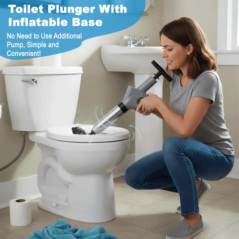 Real Deal Heavy Duty Air Plunger And Drain Cleaning Kit in use, clearing clog from toilet with easy grip handle.