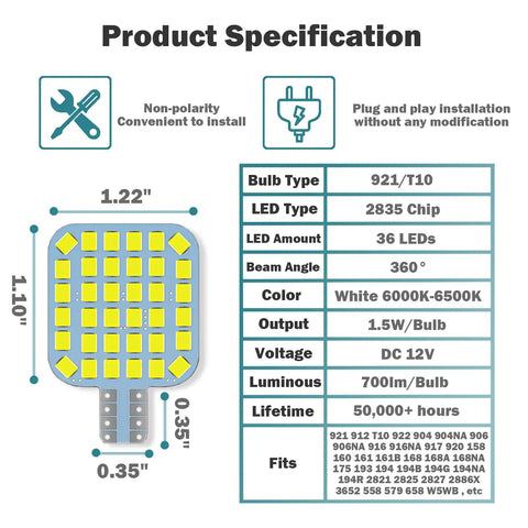 Diagram of Crazy Bright 20 Pack RV Interior LED Light Bulbs 12V Replacement Lighting 36SMD 2835 6500K White specifications.