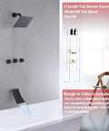 Three Handle Matte Black Tub And Shower Faucet Set With Waterfall Spout Four Point Eight Inch Tub Spout Trim Kit With Valve Vintage Modern Look That Feels Sleek And Makes Filling Quick And Easy displayed in a modern bathroom setting