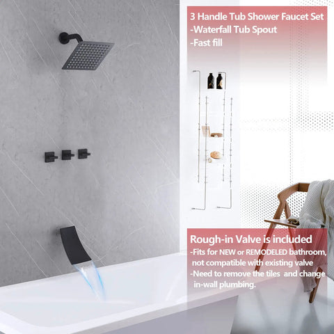 Three Handle Matte Black Tub And Shower Faucet Set With Waterfall Spout Four Point Eight Inch Tub Spout Trim Kit With Valve Vintage Modern Look That Feels Sleek And Makes Filling Quick And Easy displayed in a modern bathroom setting