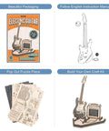 Dope Detailed One Eighth Scale Electric Guitar 3D Puzzle Kit For Adults Wooden Craft Model With Amplifier And Stand Realistic Guitar Replica For Home And Desk Decor Collectible Gift, wooden pieces and assembled guitar
