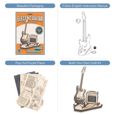 Dope Detailed One Eighth Scale Electric Guitar 3D Puzzle Kit For Adults Wooden Craft Model With Amplifier And Stand Realistic Guitar Replica For Home And Desk Decor Collectible Gift, wooden pieces and assembled guitar