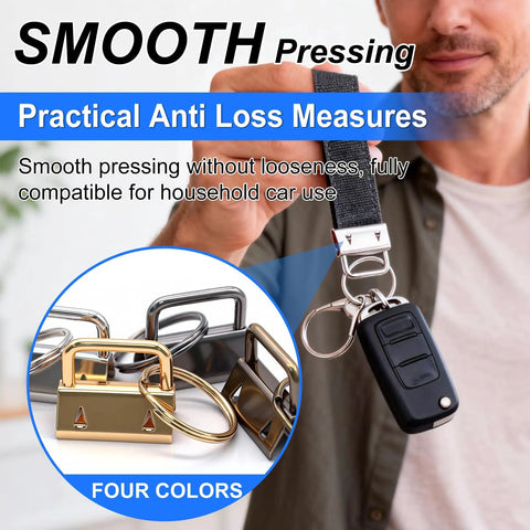 Man displaying 40Pcs Key Fob Hardware Set 1 Inch Kit with Glass Running Pliers for wristlet keychains, showing four color options.