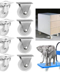 Hella Tough Eight Piece Heavy Duty Casters With Secure Locking Brakes And Smooth White Plate Mount Wheels Optimized For Furniture That Glides Like A Charm Today on a storage cart.