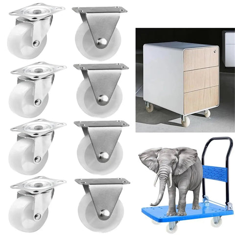 Hella Tough Eight Piece Heavy Duty Casters With Secure Locking Brakes And Smooth White Plate Mount Wheels Optimized For Furniture That Glides Like A Charm Today on a storage cart.
