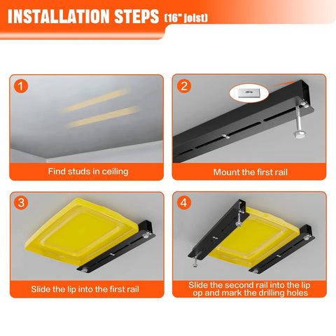 Installation steps for Garage Ceiling Storage Rack 16 Inch Overhead Tote System With Heavy Duty Adjustable Rails For Five Bins