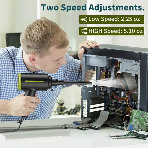 Man using Portable Electric Air Blower Duster 500W Handheld Cleaning Gadget with 40000 RPM Dual Speed and 6 Nozzle Tips on open computer case.