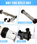 Set of four 2-inch spa hot tub split nut unions with screws and gasket, metal tubes and black plastic nuts.